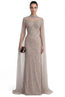 Lumière Embellished Long Sleeve Maxi Dress With Sheer Veil Sleeves - Beige