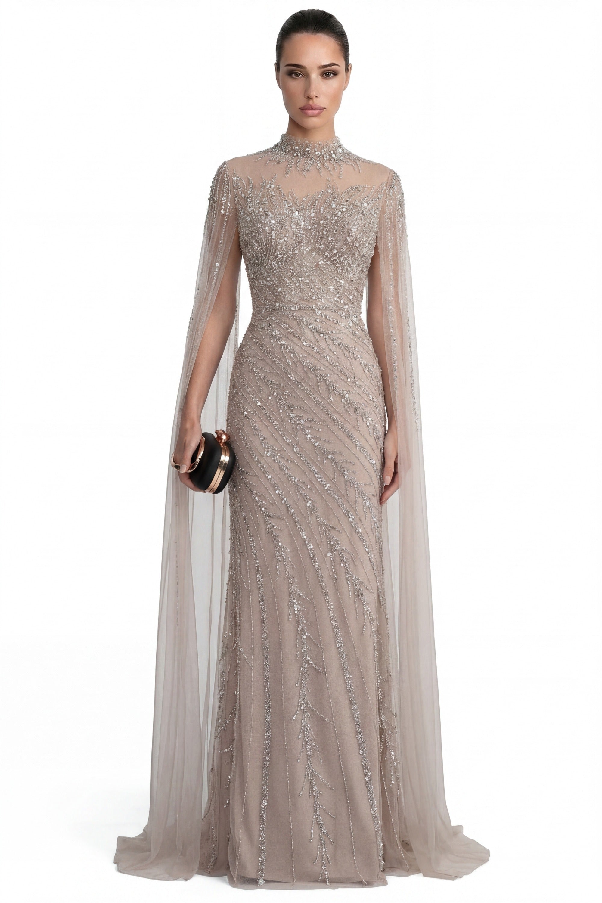 Lumière Embellished Long Sleeve Maxi Dress With Sheer Veil Sleeves - Beige
