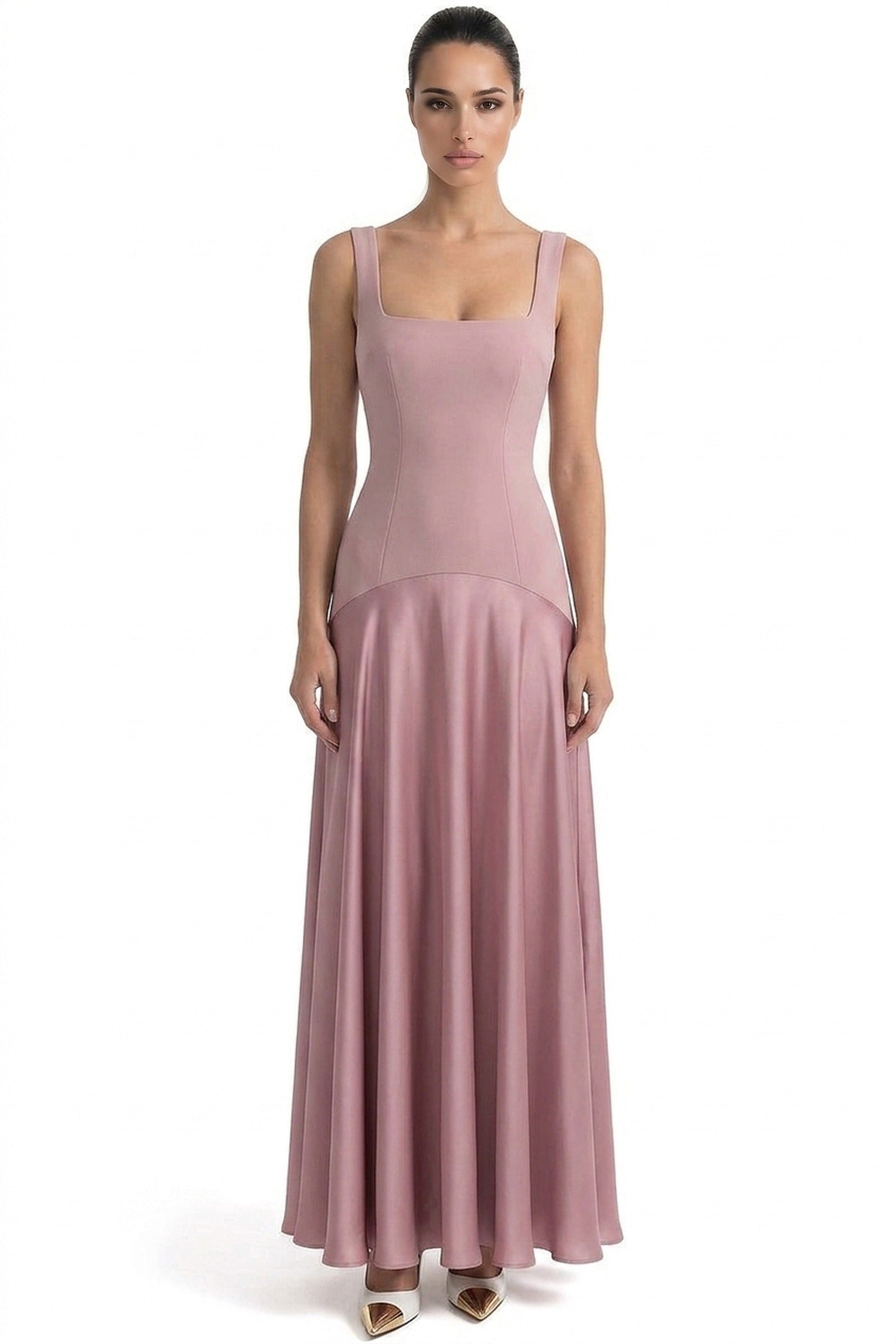 Aliénor Square-Neck Maxi Dress With Contrast Satin Flare Skirt - Pink