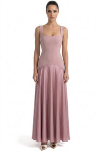 Aliénor Square-Neck Maxi Dress With Contrast Satin Flare Skirt - Pink
