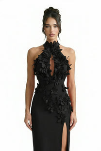 Priscille Halter Maxi Dress With 3D Floral Appliqué - Black