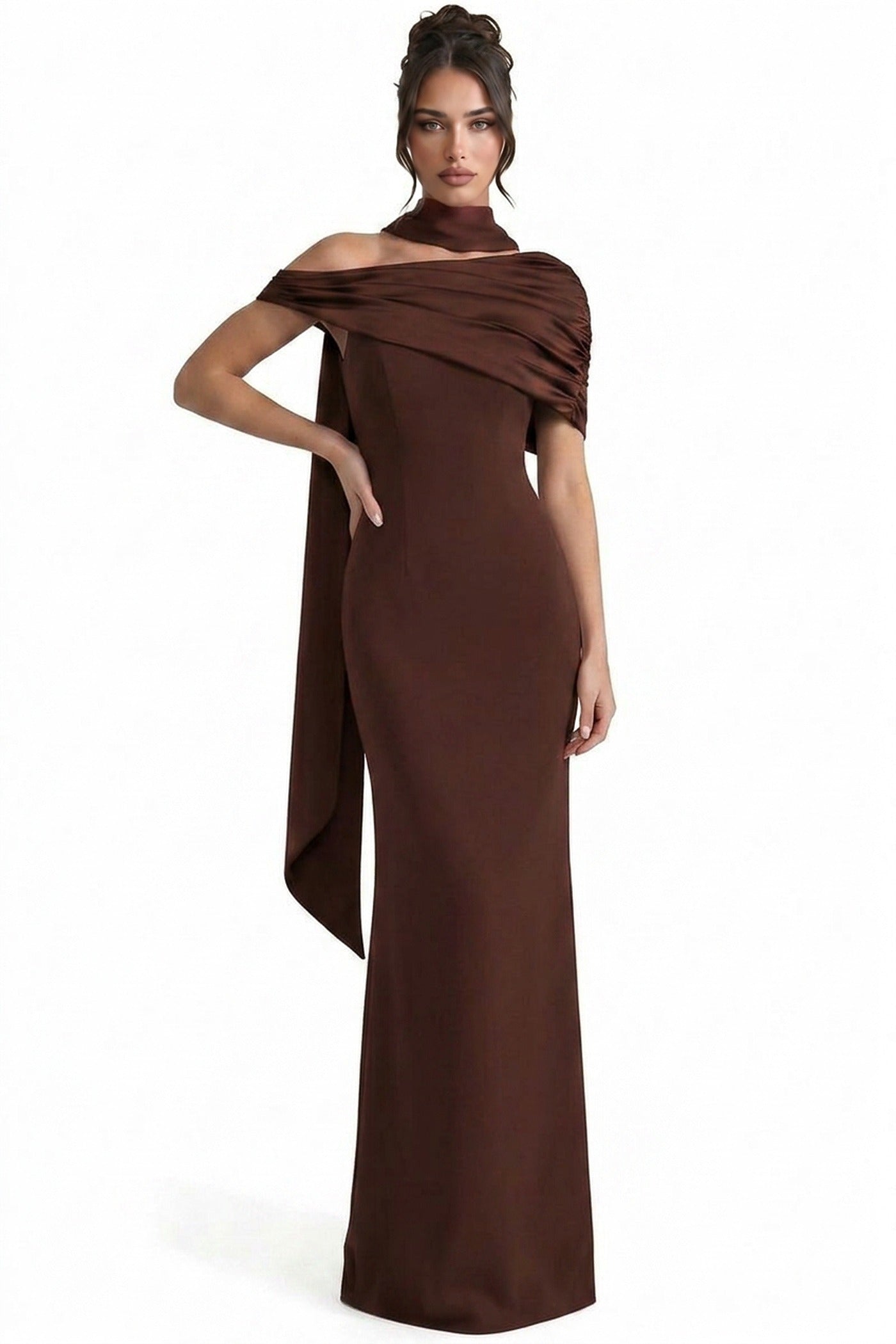 Ambrine Satin Column Gown With Draped Shoulder Wrap And High Neck - Brown
