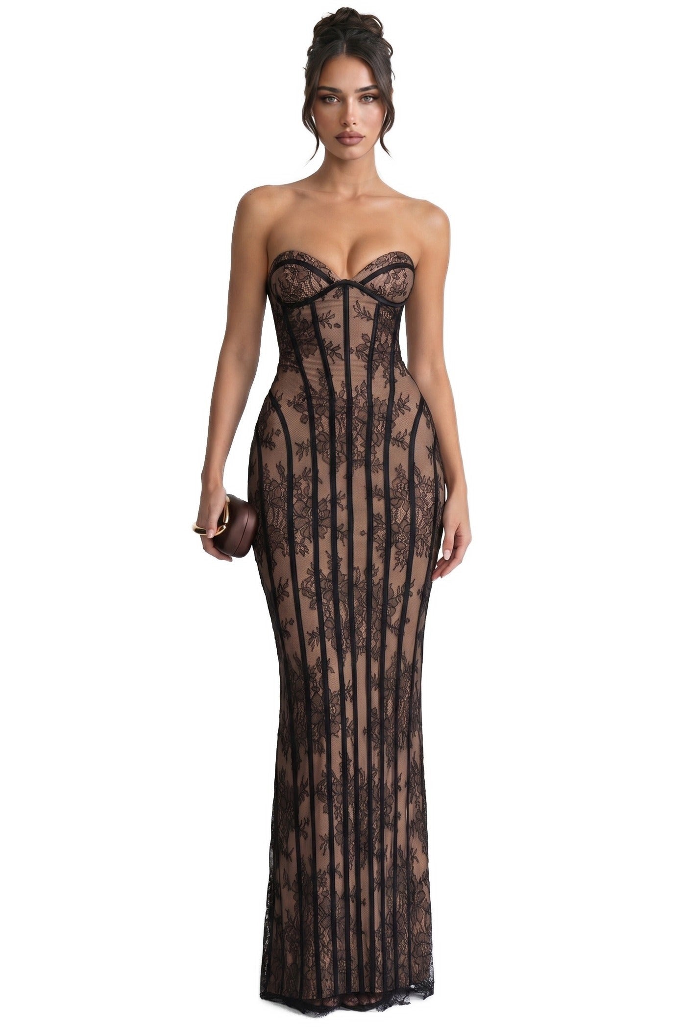 Célindre Strapless Lace Maxi Dress With Sweetheart Corset - Black
