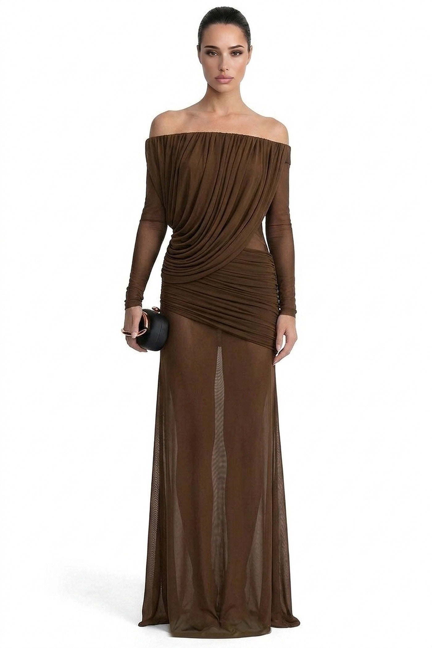 Eléonore Off-Shoulder Mesh Gown With Draped Long Sleeves - Coffee