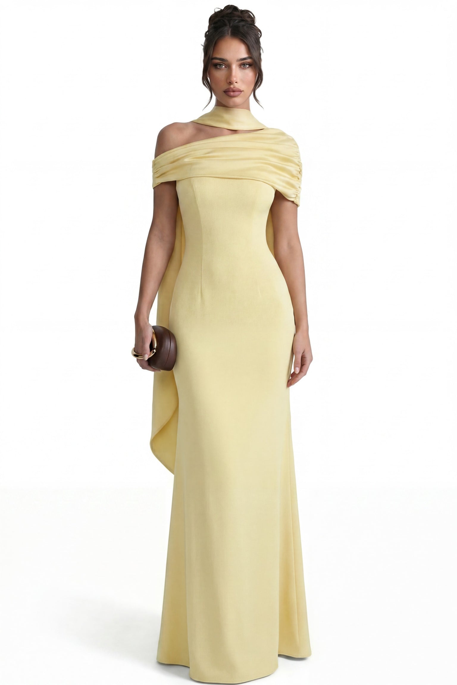Ambrine Satin Column Gown With Draped Shoulder Wrap And High Neck - Yellow