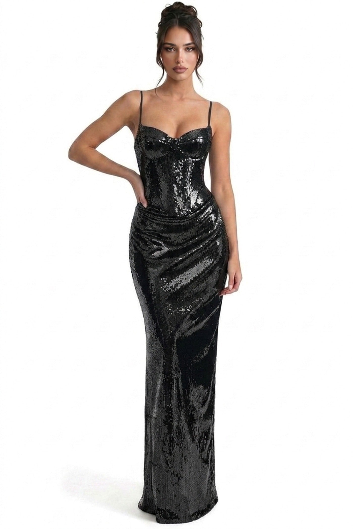 Stéphanie Sequin Mermaid Gown With Sweetheart Corset Bodice And Draped Hip - Black