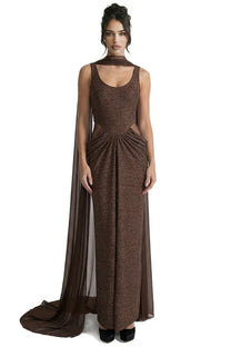 Ambrine Glitter Knit Gown With Side Cutouts And Flowing Chiffon Cape - Coffee