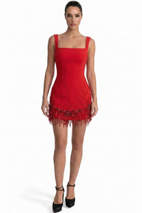 Ozanne Square-Neck Mini Dress With Crystal Fringe Hem - Red