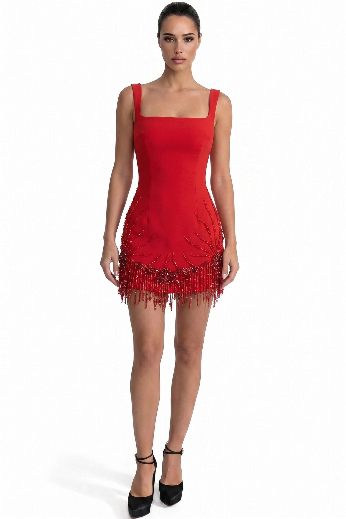 Ozanne Square-Neck Mini Dress With Crystal Fringe Hem - Red
