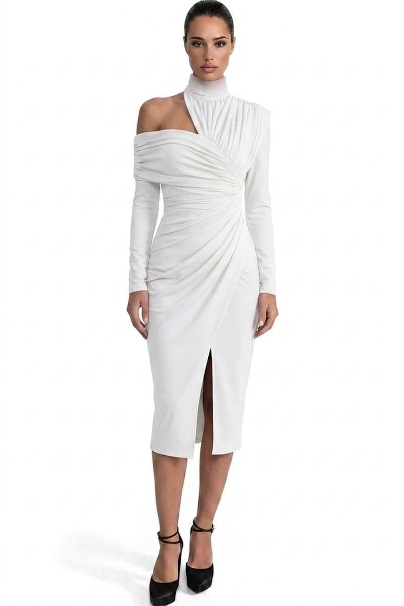 Charline Draped Cold-Shoulder Midi Dress With Front Slit - White