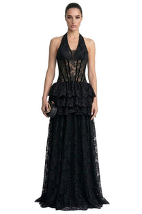 Mélanthe Lace Halter Gown With Sheer Corset And Tiered Ruffle Peplum - Black
