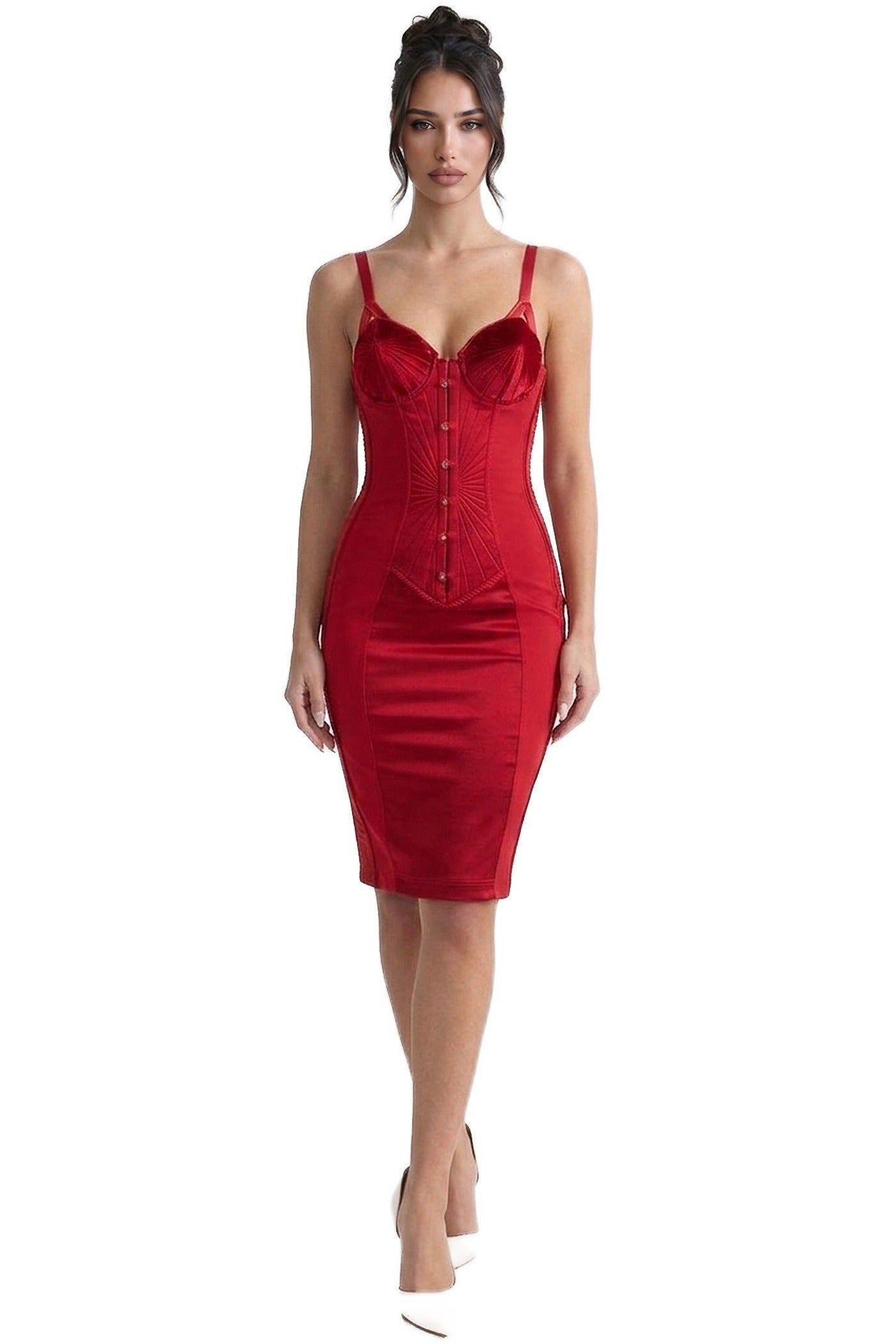 Yolande Satin Midi Dress With Velvet Corset Bodice And Button Front - Red