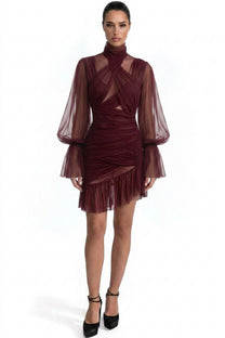 Théa High-Neck Ruched Mini Dress With Side Ruffle - Brown