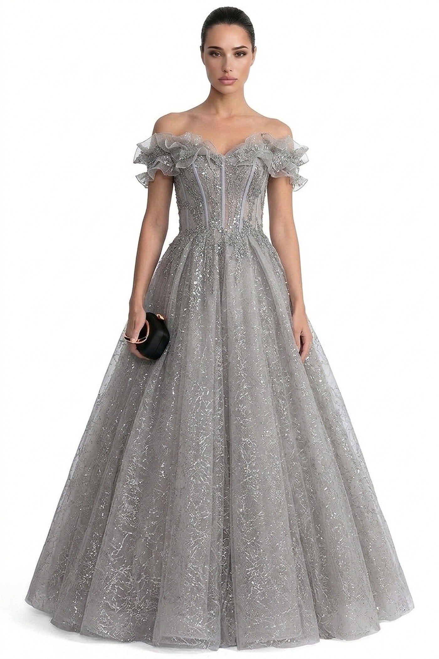 Damienne Off-Shoulder Glitter Tulle Ballgown With Beaded Corset And Ruffle Neckline - Light Gray