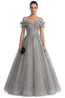 Damienne Off-Shoulder Glitter Tulle Ballgown With Beaded Corset And Ruffle Neckline - Light Gray