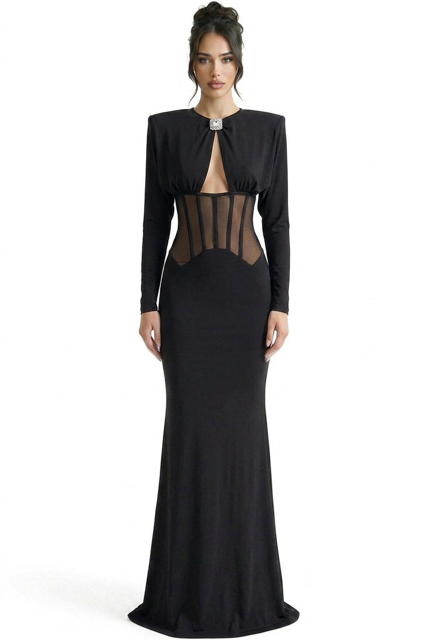 Gaëlle Long-Sleeve Gown With Sheer Boned Corset And Crystal Brooch - Black