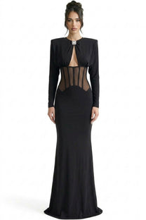 Gaëlle Long-Sleeve Gown With Sheer Boned Corset And Crystal Brooch - Black
