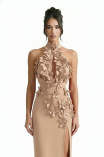 Priscille Halter Maxi Dress With 3D Floral Appliqué - Beige