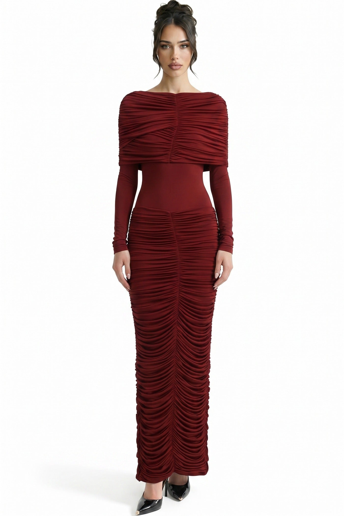 Edmée All-Over Ruched Maxi Dress With Short Sleeves - Red