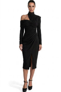 Charline Draped Cold-Shoulder Midi Dress With Front Slit - Black