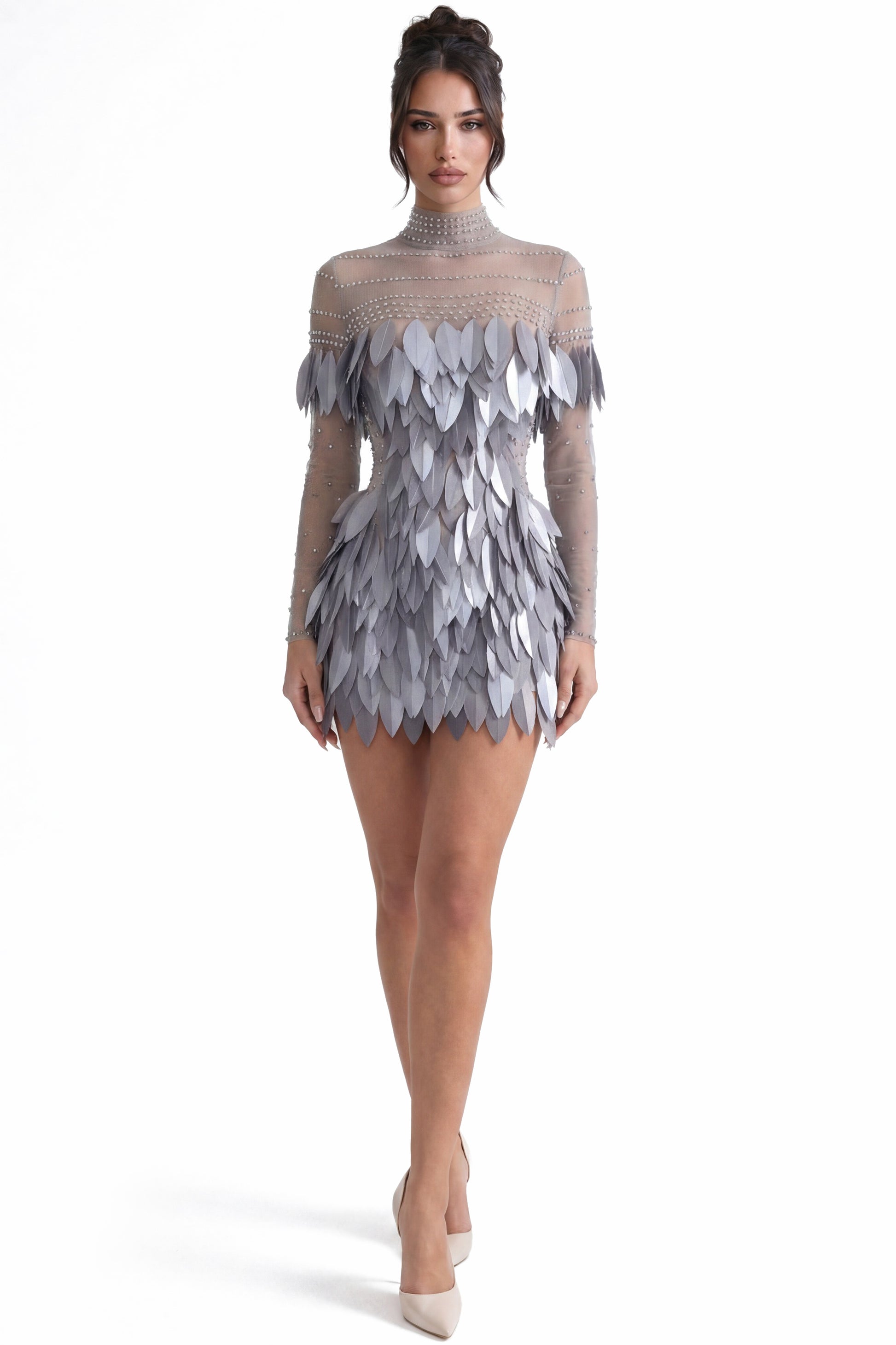 Ondine 3D Feather Mini Dress With Crystal Straps - Silver