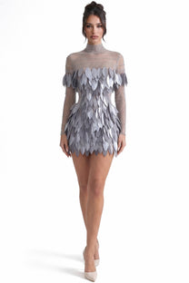 Ondine 3D Feather Mini Dress With Crystal Straps - Silver