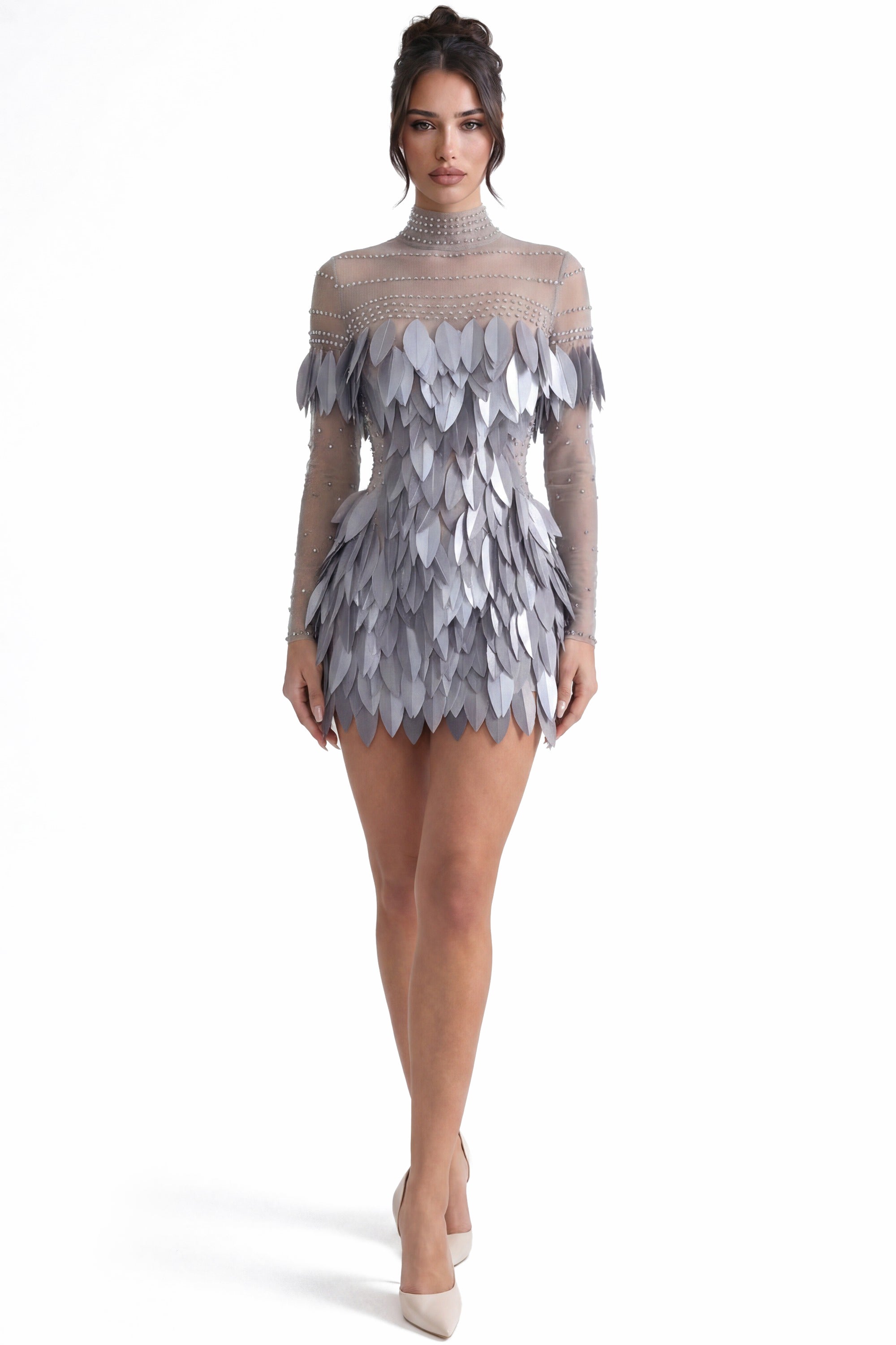 Ondine 3D Feather Mini Dress With Crystal Straps - Silver