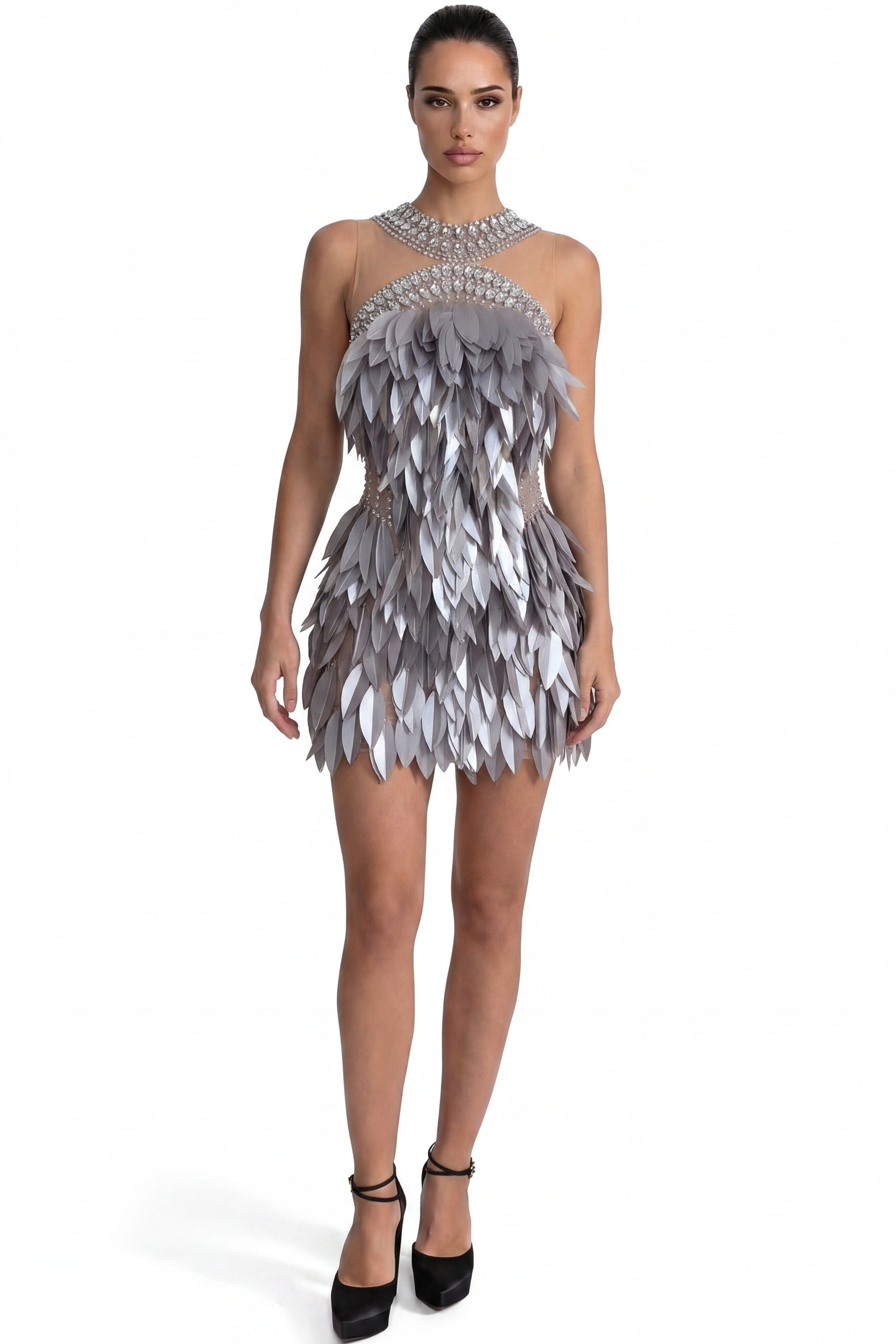 Laure Crystal-Halter Feather Mini Dress - Silver