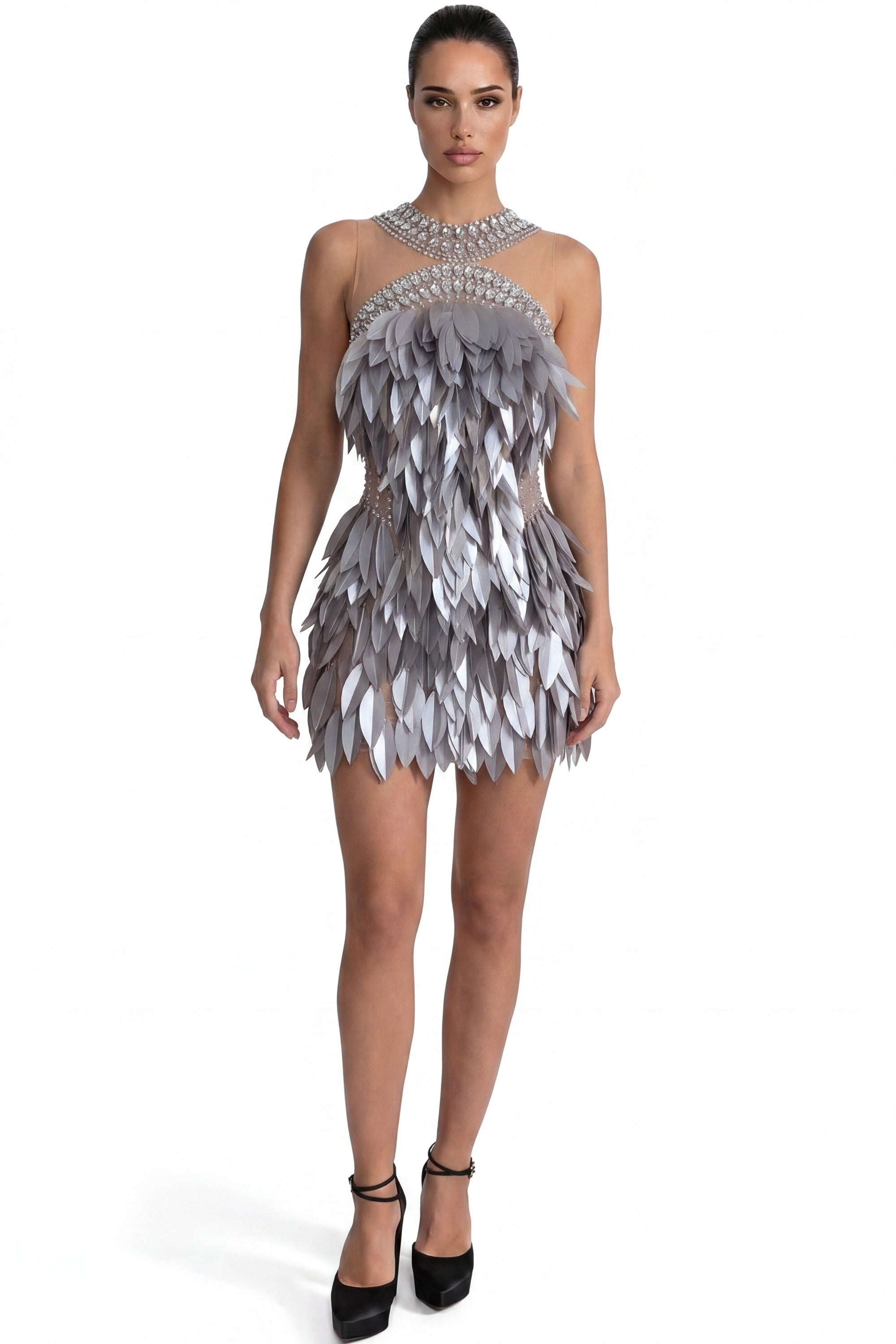 Laure Crystal-Halter Feather Mini Dress - Silver