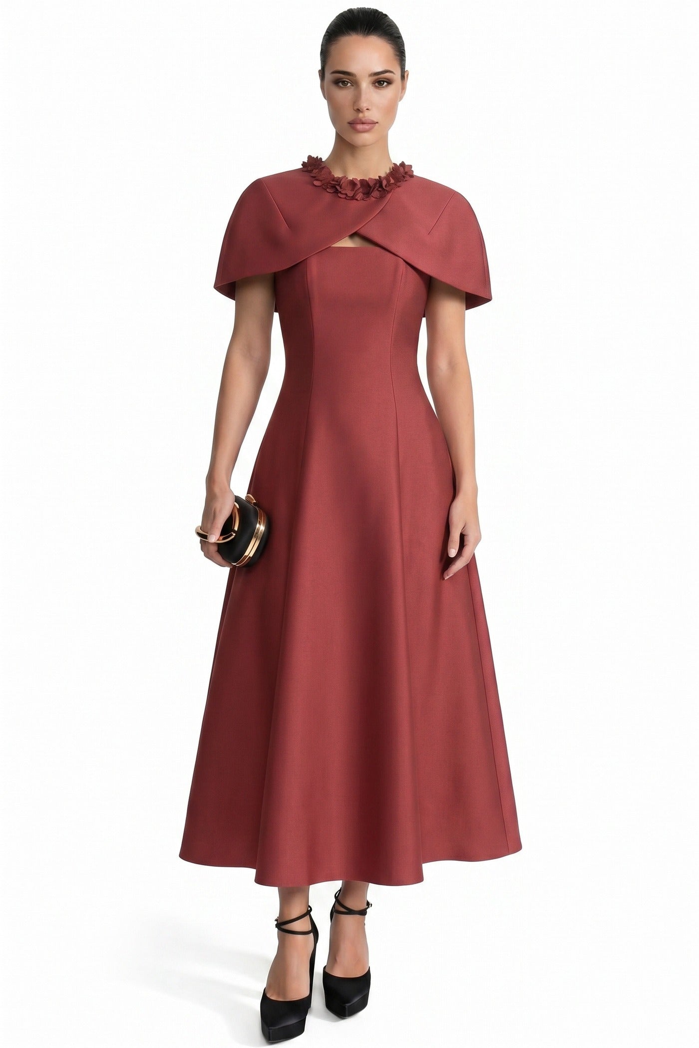Théodore Fit-And-Flare Midi Dress With Cutout Neckline And Bow Detail - Red