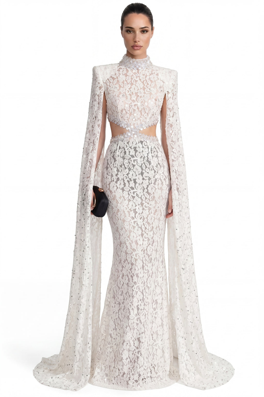 Mirabelle Lace Mermaid Gown With Cape Sleeves And Crystal Waist Detail - White