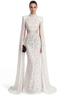 Mirabelle Lace Mermaid Gown With Cape Sleeves And Crystal Waist Detail - White