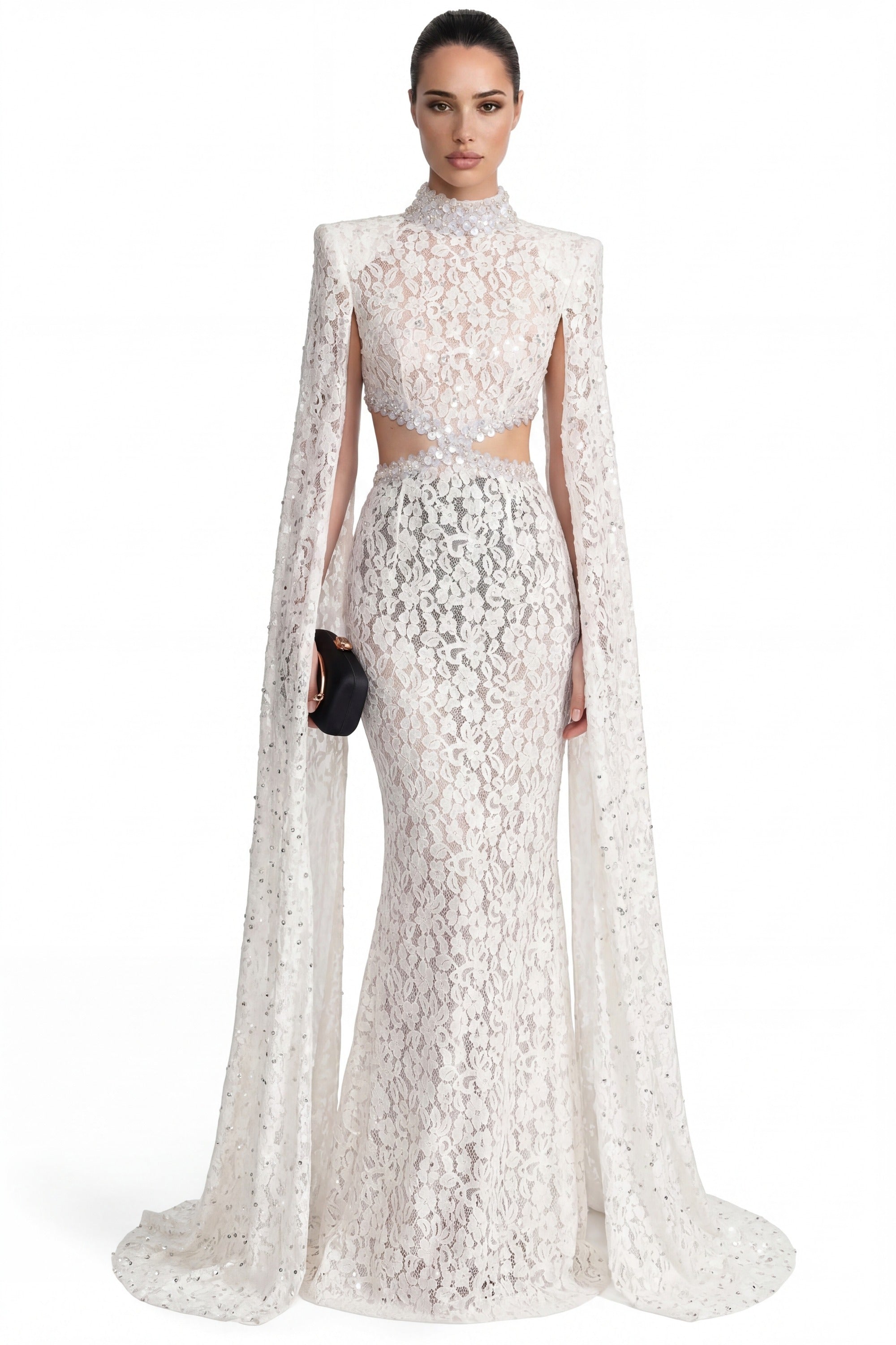 Mirabelle Lace Mermaid Gown With Cape Sleeves And Crystal Waist Detail - White
