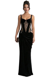 Aria Velvet Mermaid Gown With Lace Corset Bodice And Side Cutout - Black