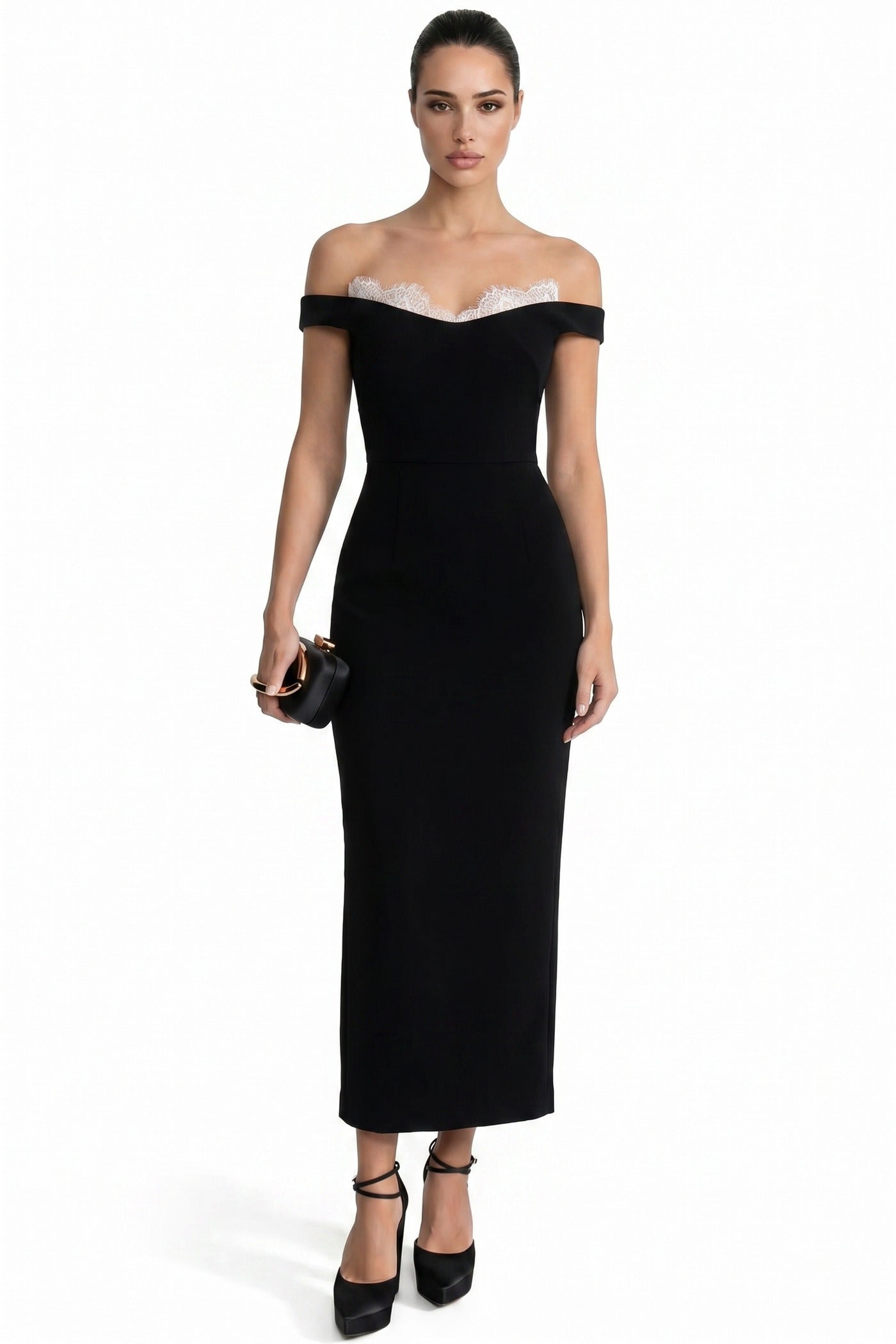 Doriane Off-Shoulder Maxi Dress With Short Sleeves And Column Skirt - Black