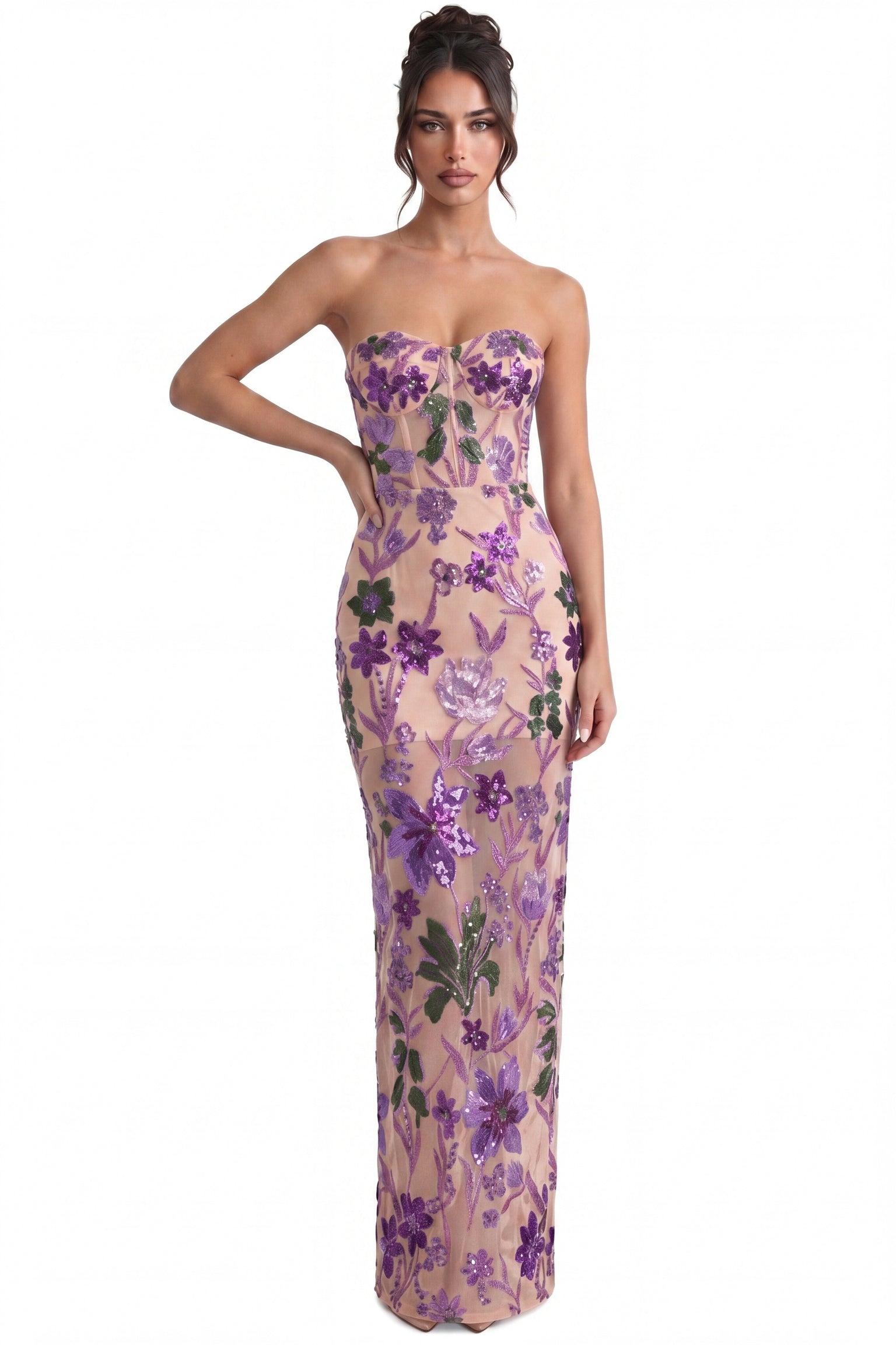Herminie Strapless Floral Sequin Maxi Dress With Column Silhouette - Purple