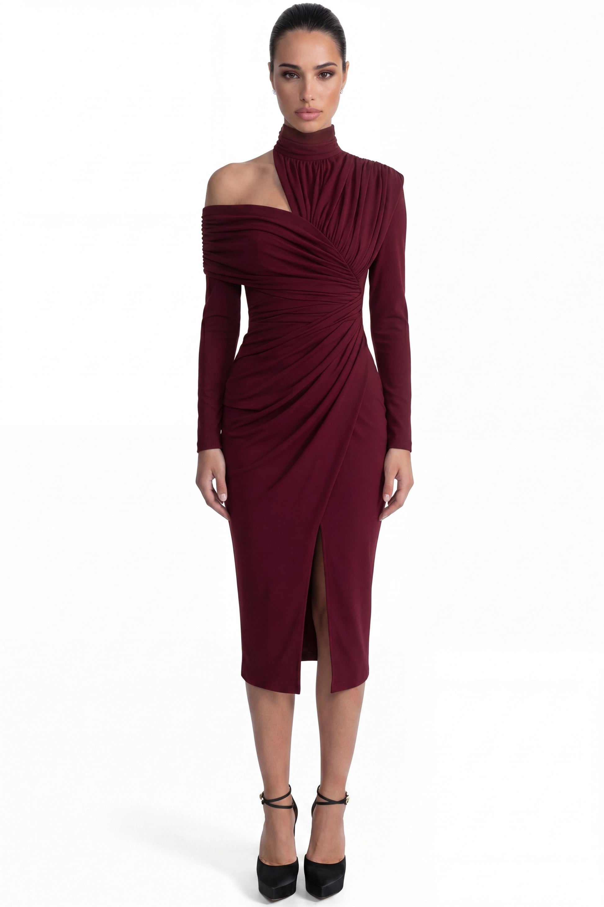 Charline Draped Cold-Shoulder Midi Dress With Front Slit - Burgundy
