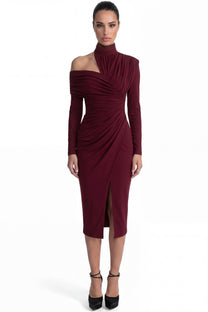 Charline Draped Cold-Shoulder Midi Dress With Front Slit - Burgundy