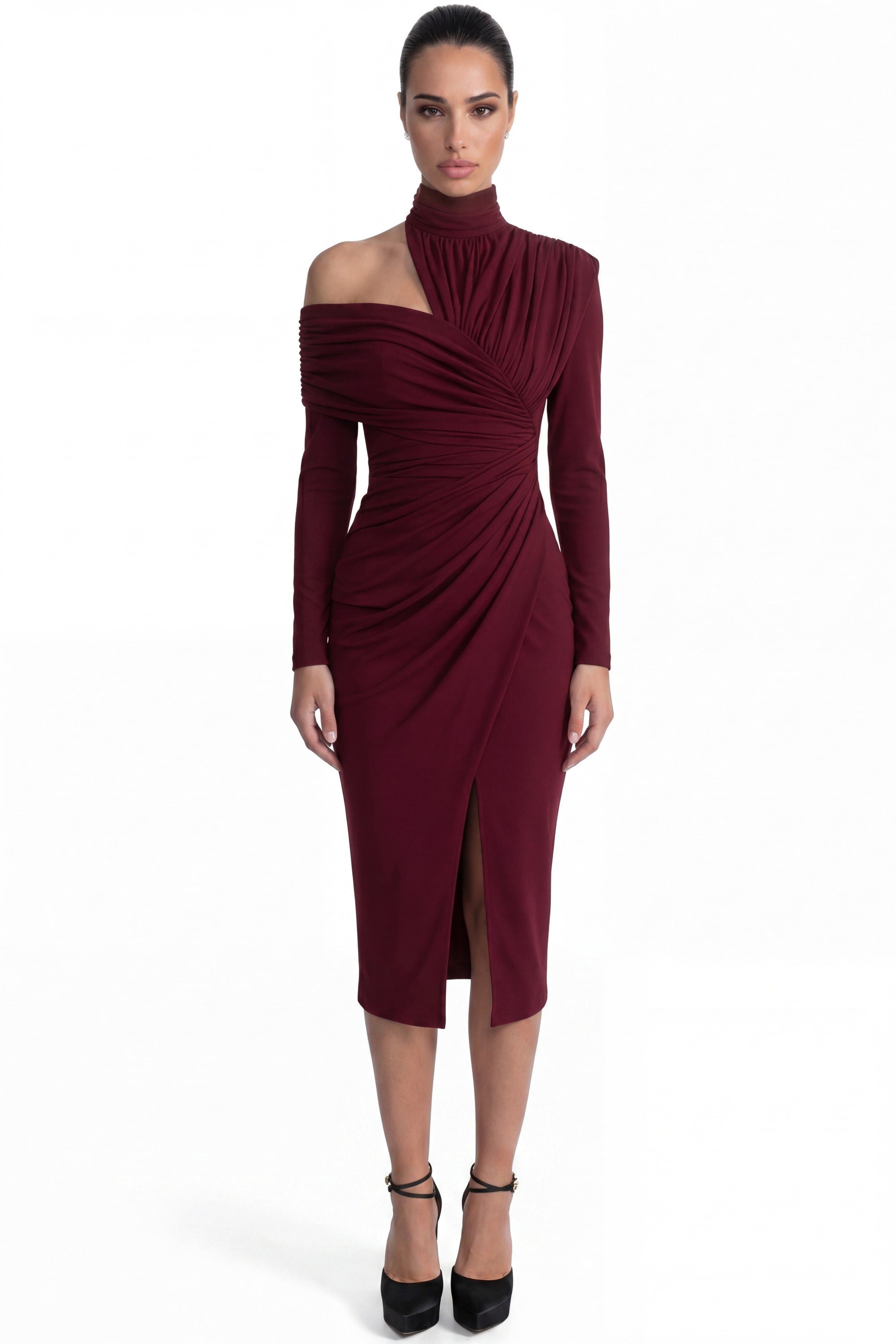 Charline Draped Cold-Shoulder Midi Dress With Front Slit - Burgundy
