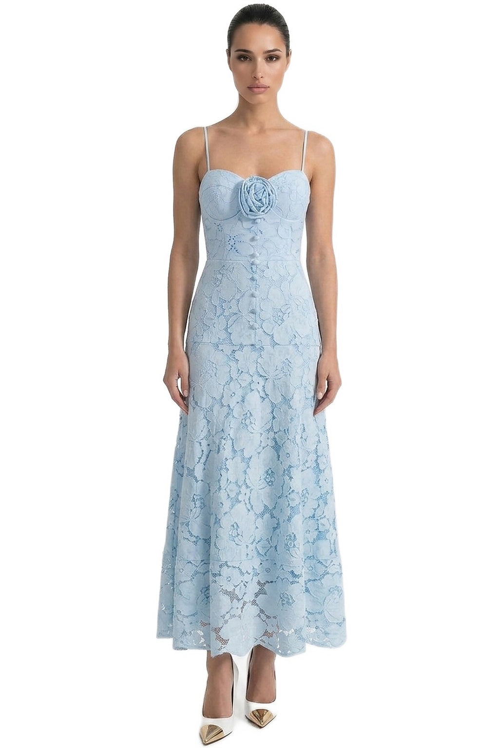 Iris Lace Midi Dress With Sweetheart Corset And 3D Rose Detail - Blue