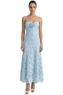 Iris Lace Midi Dress With Sweetheart Corset And 3D Rose Detail - Blue