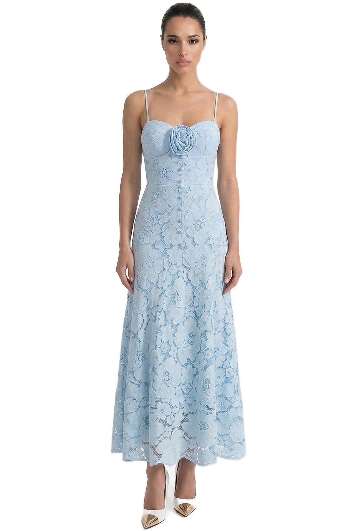 Iris Lace Midi Dress With Sweetheart Corset And 3D Rose Detail - Blue