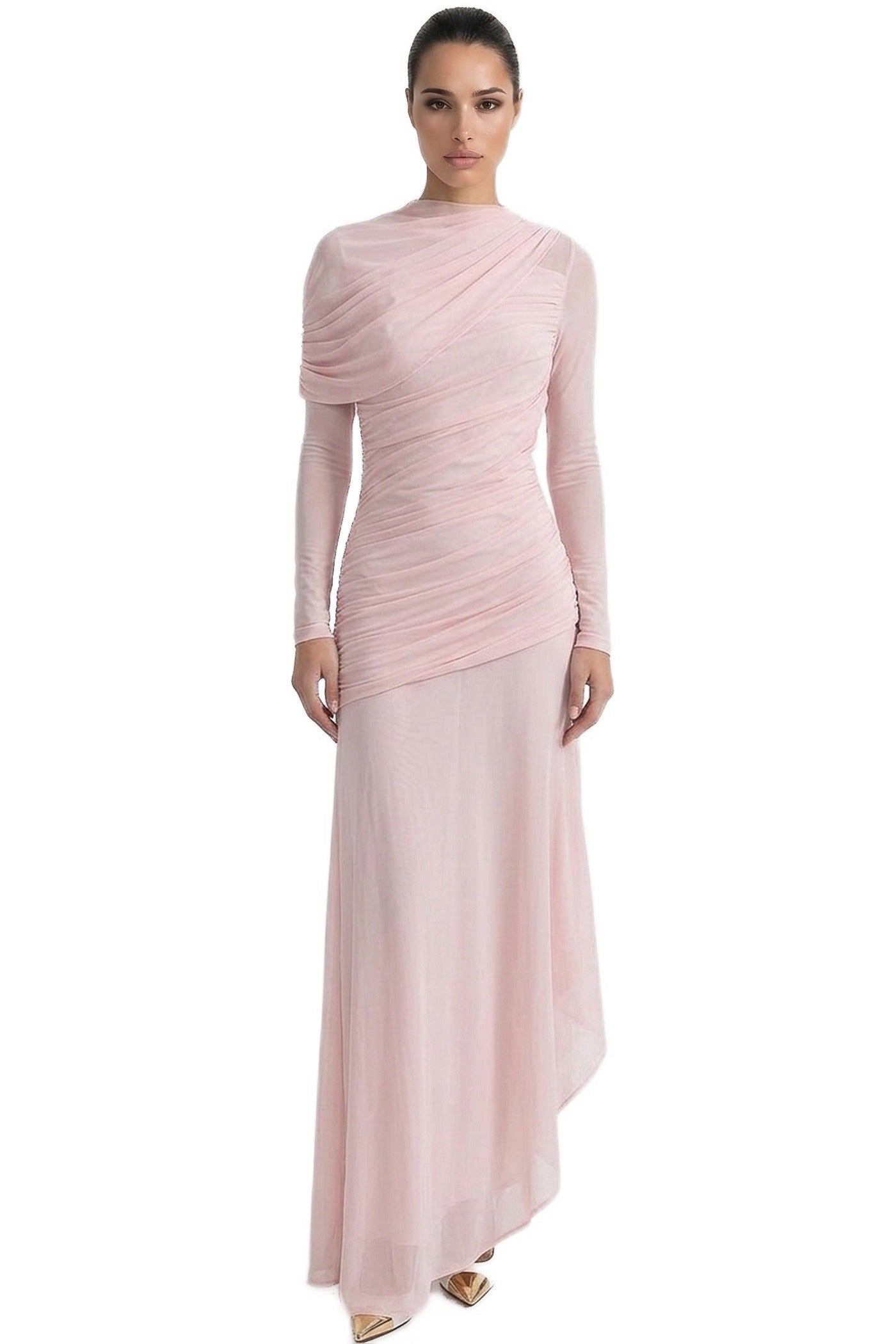 Roseline Long-Sleeve Mesh Gown With Diagonal Ruching And Asymmetric Hem - Pink
