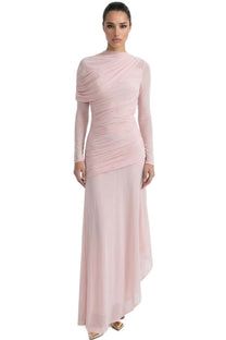 Roseline Long-Sleeve Mesh Gown With Diagonal Ruching And Asymmetric Hem - Pink