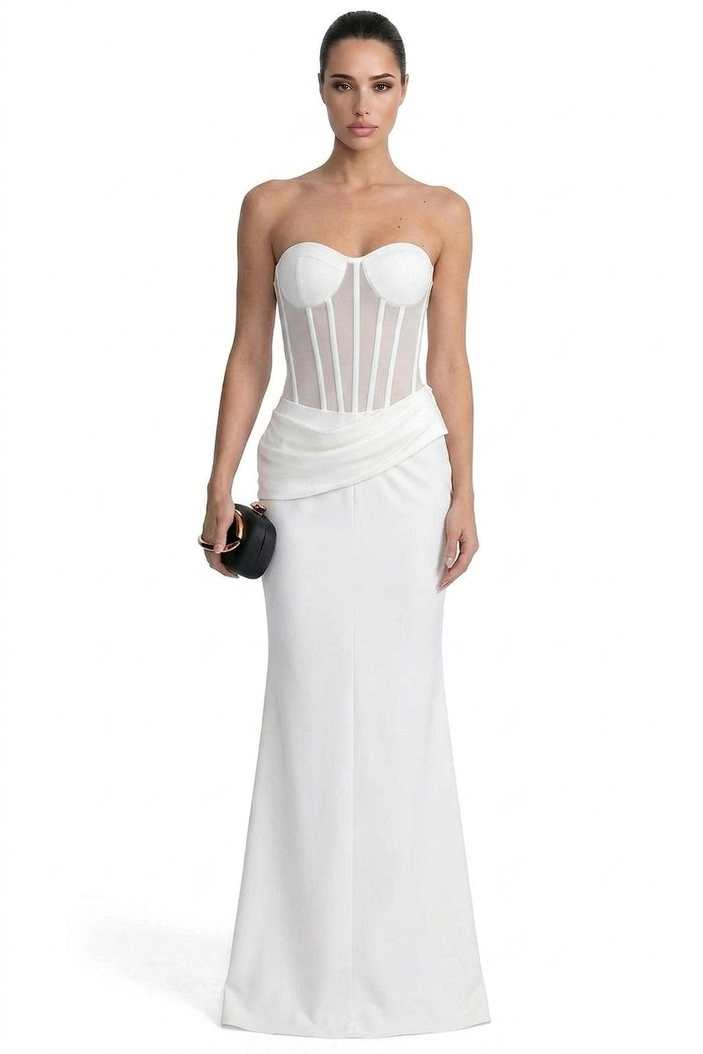 Christelle Strapless Gown With Sheer Boned Corset And Draped Skirt - White