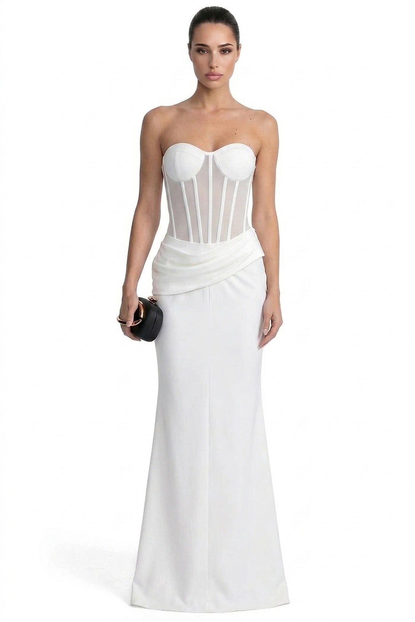 Christelle Strapless Gown With Sheer Boned Corset And Draped Skirt - White