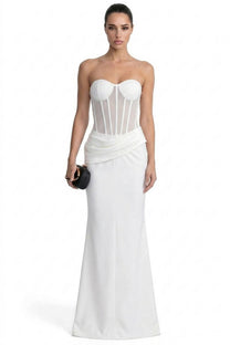 Christelle Strapless Gown With Sheer Boned Corset And Draped Skirt - White