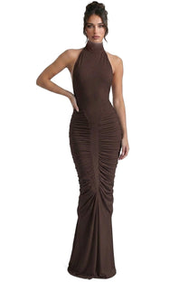Sylvaine Halter Neck Ruched Mermaid Gown With Open Back - Brown