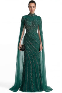 Lumière Embellished Long Sleeve Maxi Dress With Sheer Veil Sleeves - Green