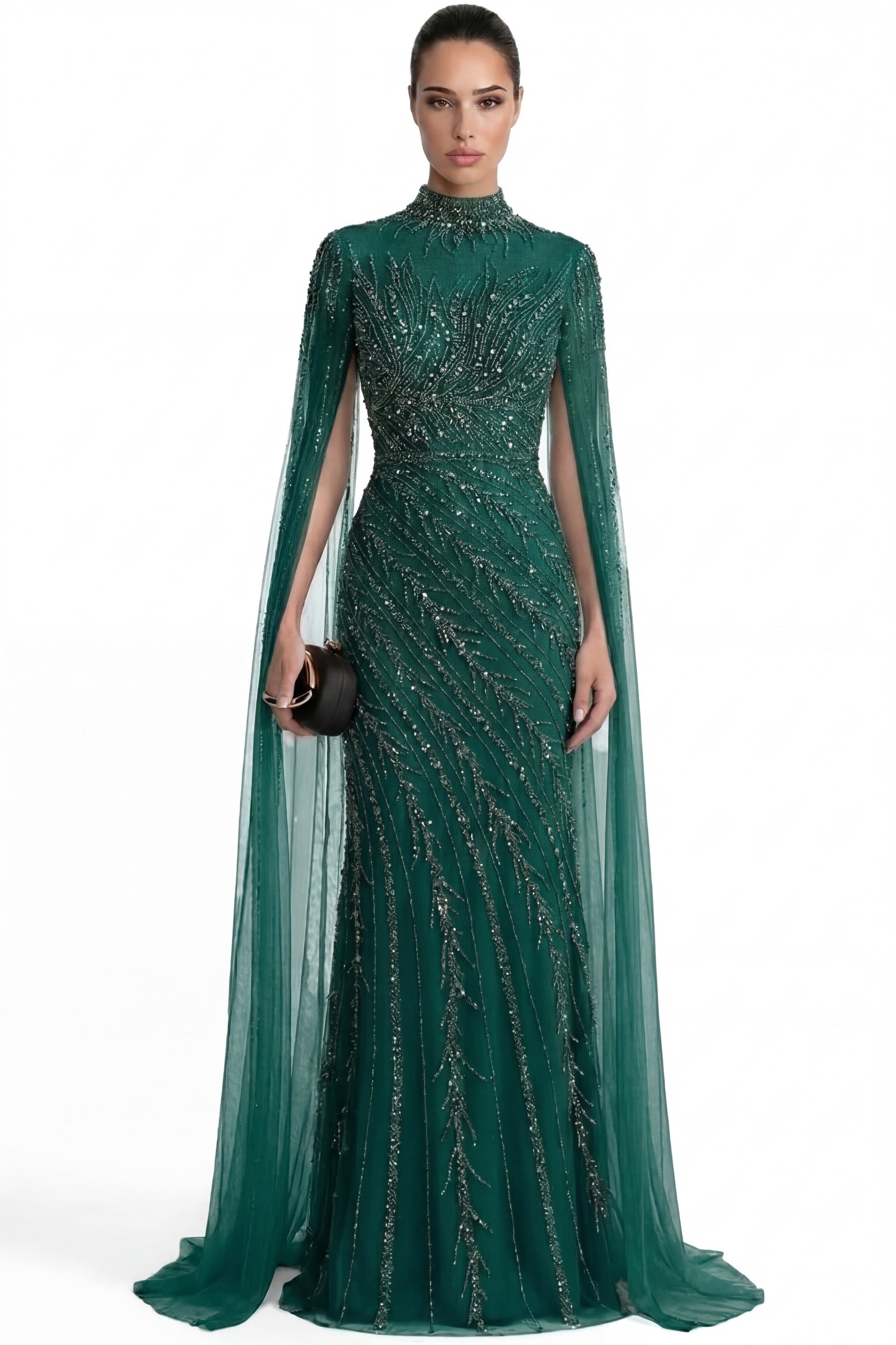 Lumière Embellished Long Sleeve Maxi Dress With Sheer Veil Sleeves - Green